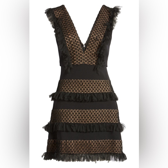 Tadashi Shoji Dresses & Skirts - Tadashi Shoji Black Plunge Neck Tiered Ruffle Mini Cocktail Dress